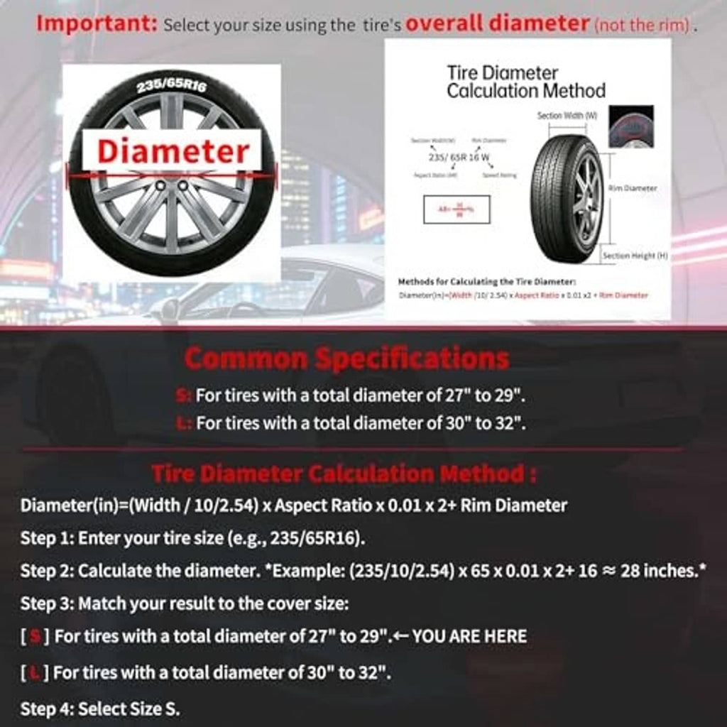 Tire size guide showing diameter measurement for selecting RV tire cover fit