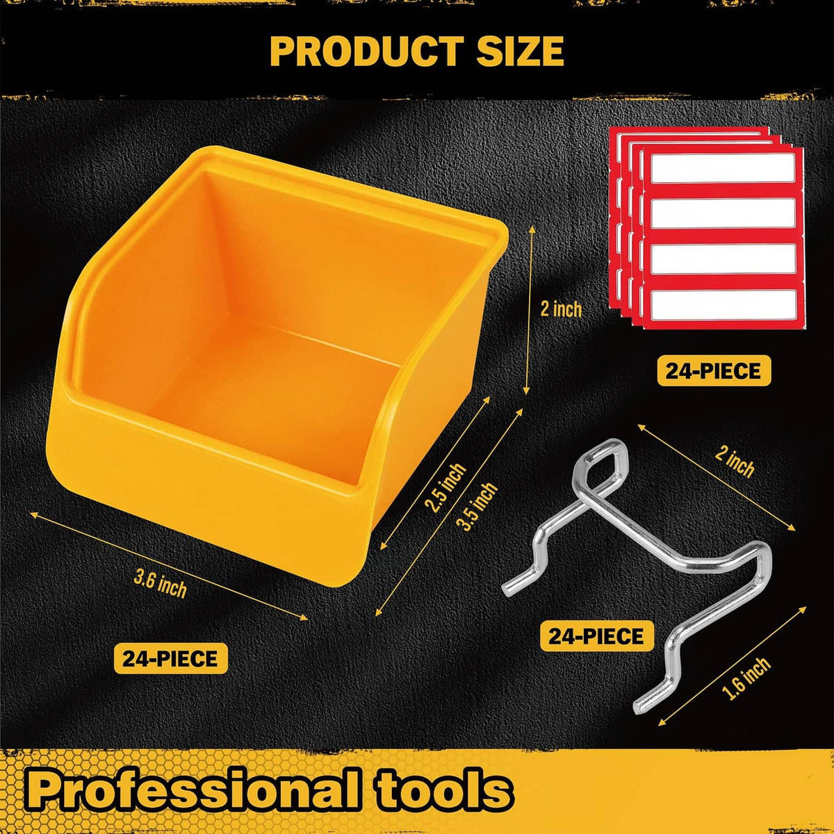 Orange plastic pegboard storage bin with metal hooks, open-top tray and white label