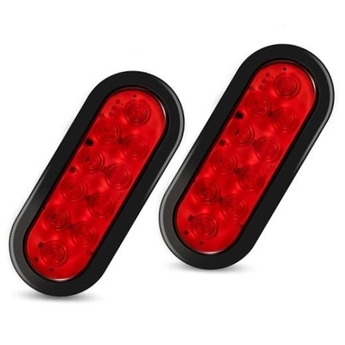Pair of oval red LED trailer tail lights with black waterproof housings