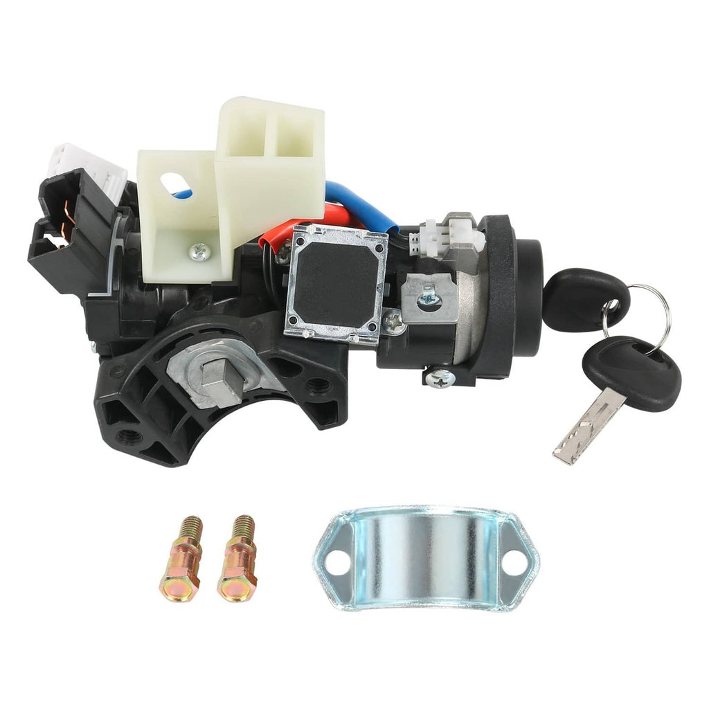 Ignition lock switch assembly with two keys, blue and red wire leads, metal bracket included