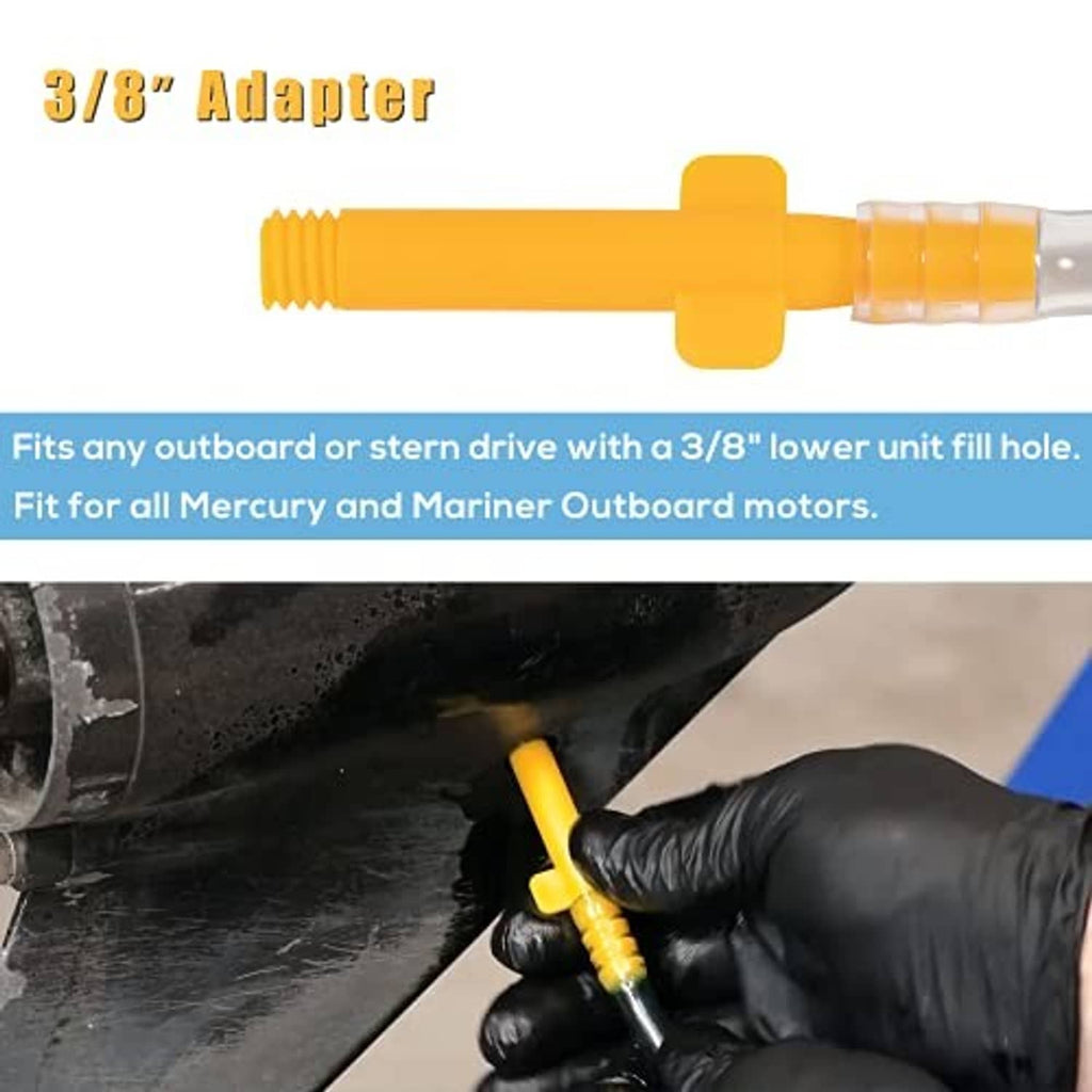 3/8 inch threaded adapter and yellow pump tip for filling lower unit through fill hole