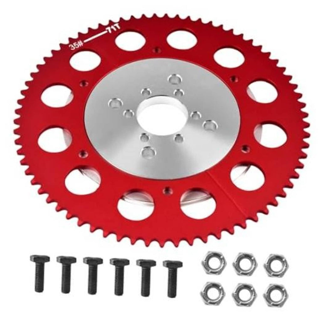 Red split sprocket gear with silver center hub and bolt holes