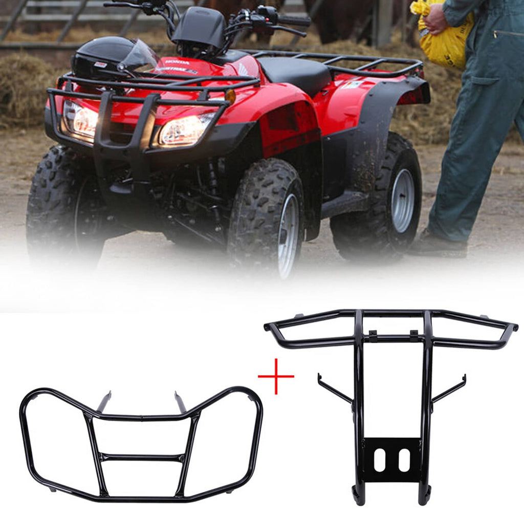 Black front bumper guard and rack installed on red ATV, front view.