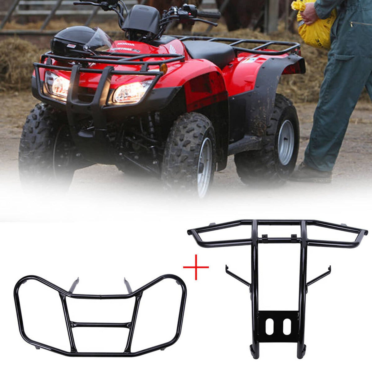 Black front bumper guard and rack installed on red ATV, front view.