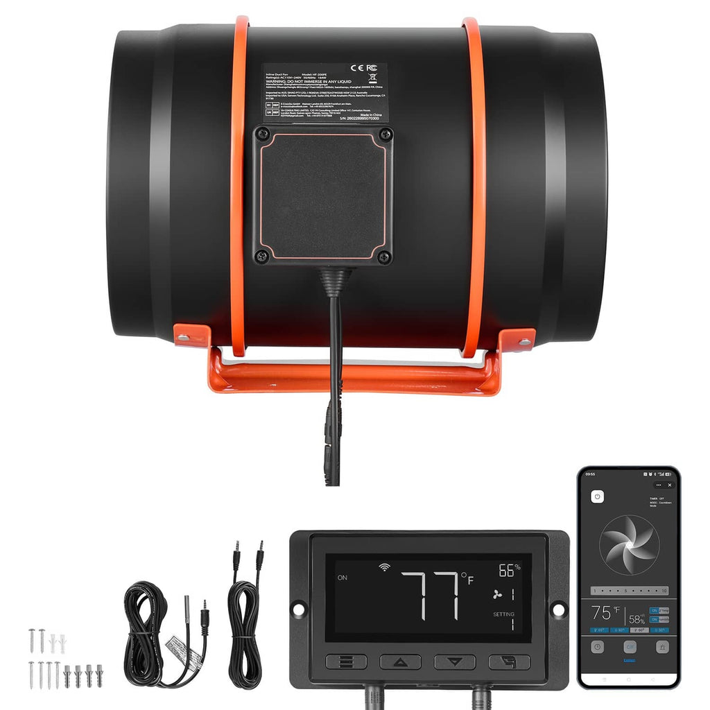 8-inch inline duct fan with black housing, orange ring, and mounting bracket