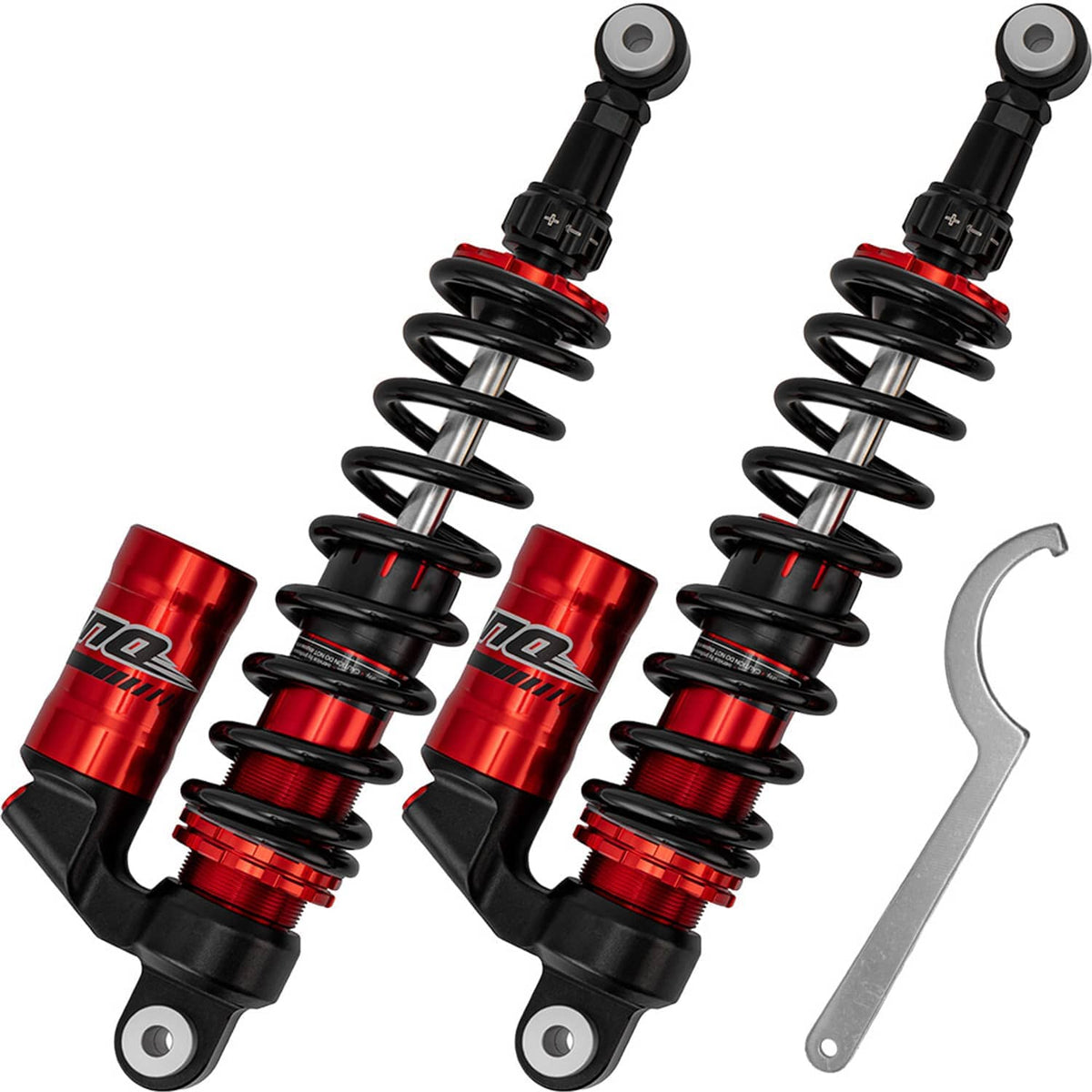 Pair of rear air shock absorbers with red reservoirs, black coils, and mounting hardware