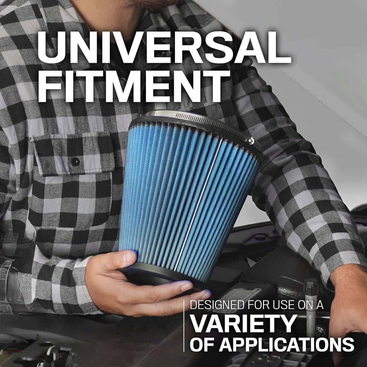 Universal cone air intake dry filter with blue pleated media held in hands