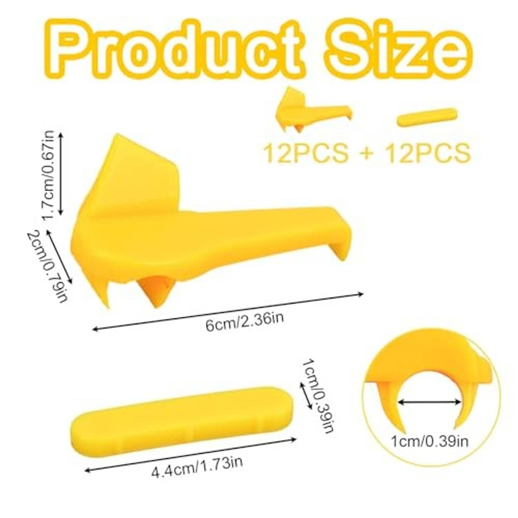 Yellow duck-head plastic tire rim protectors and bar pieces, with size guide