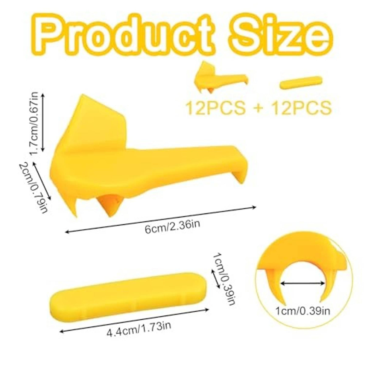 Yellow duck-head plastic tire rim protectors and bar pieces, with size guide
