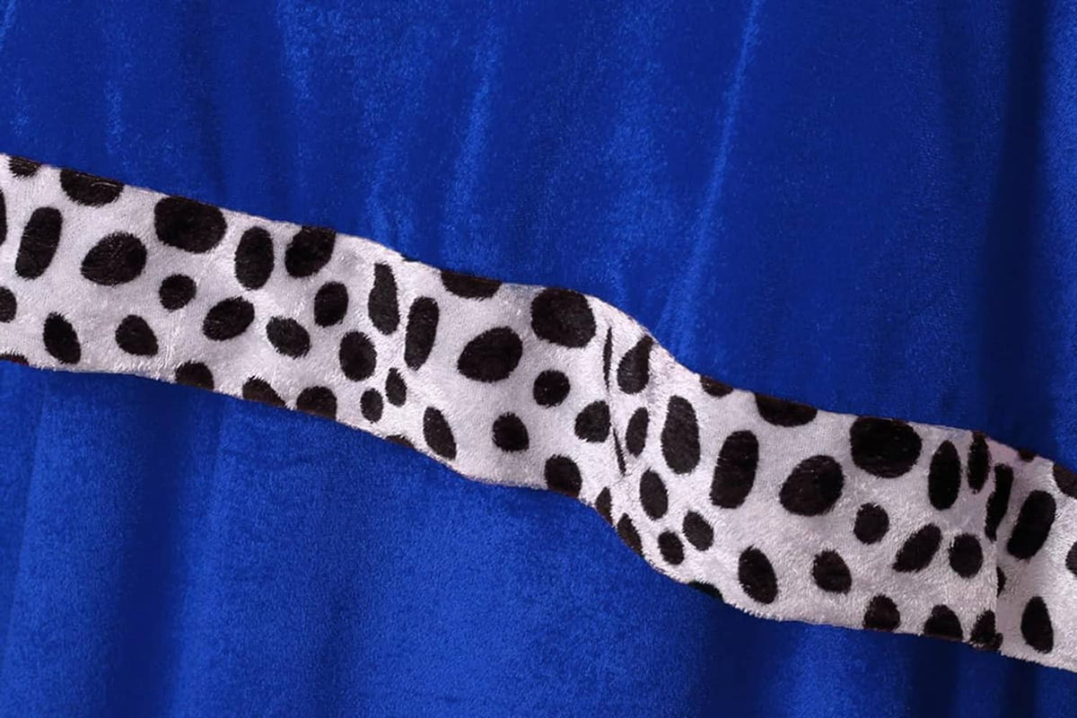 Close-up hem band showing leopard-print trim on royal blue velvet cloak robe