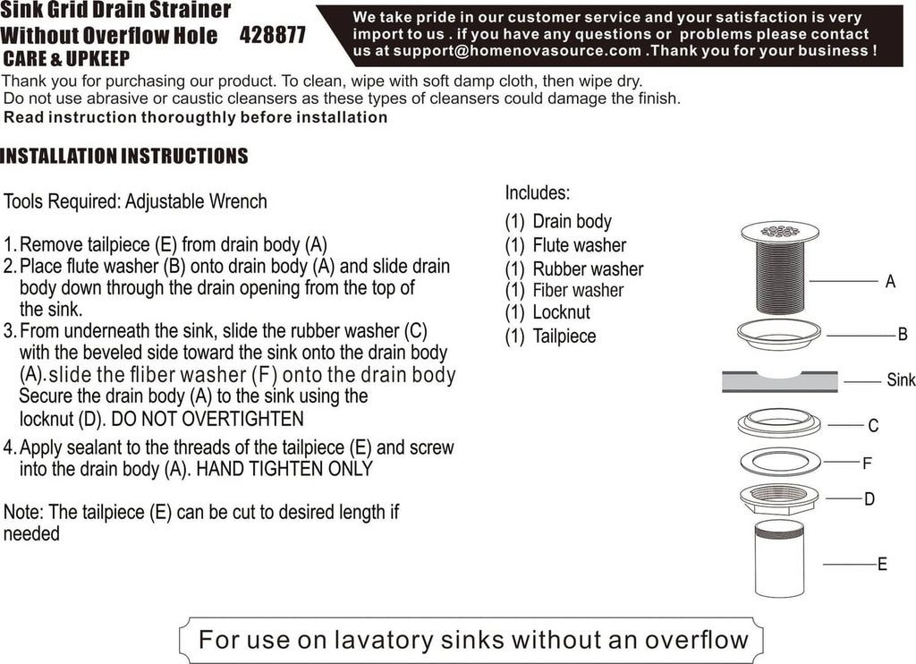 Installation instruction sheet and parts diagram for sink grid drain strainer assembly