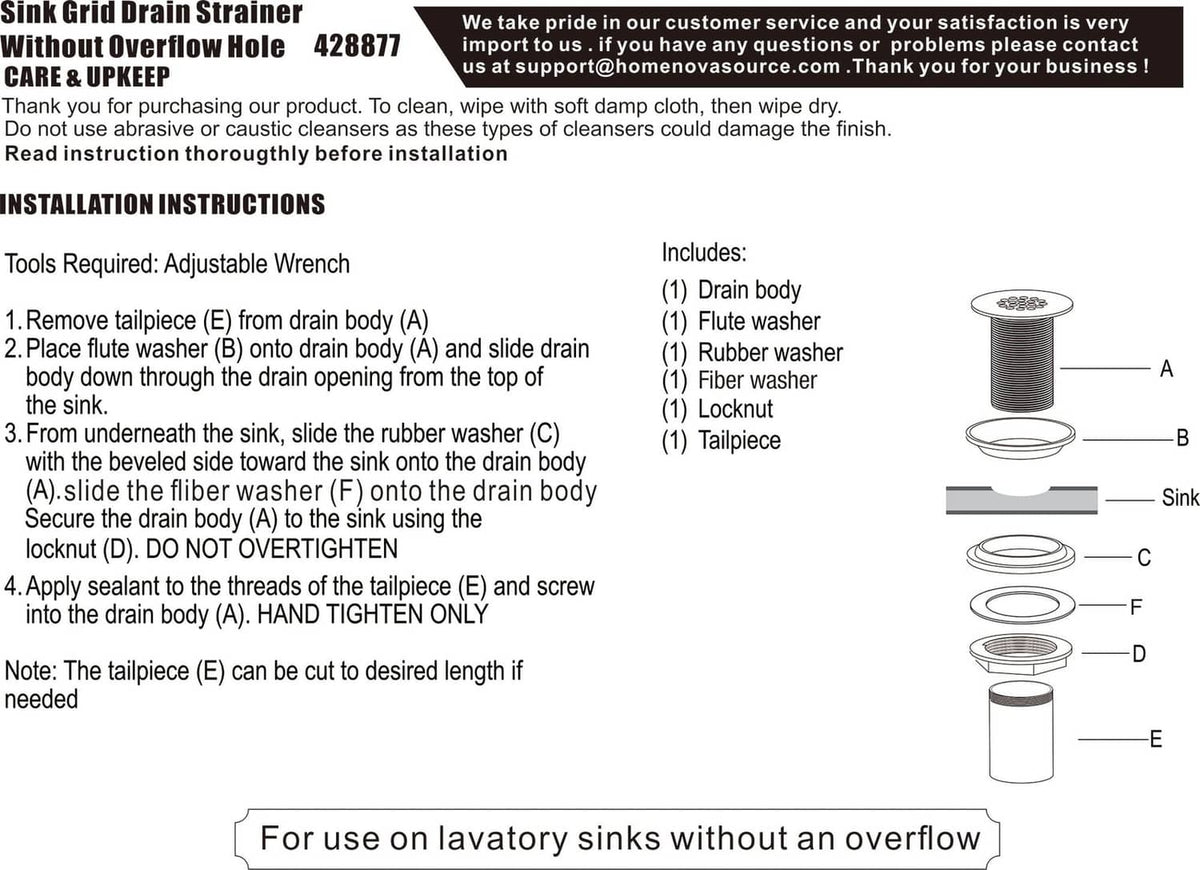 Installation instruction sheet and parts diagram for sink grid drain strainer assembly