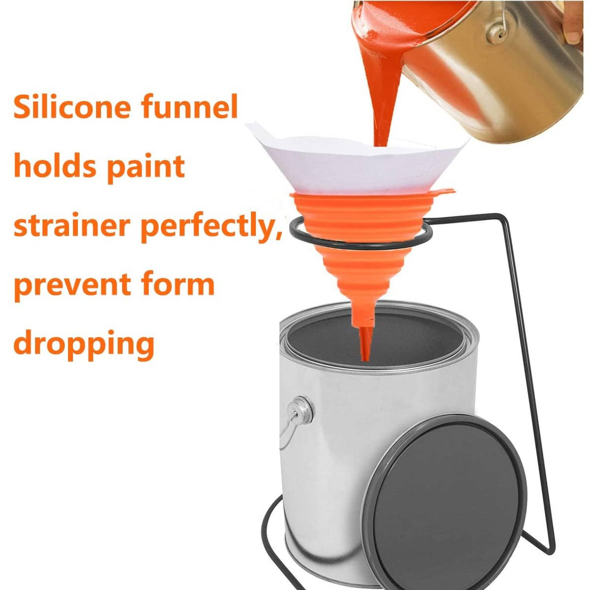 Orange silicone funnel holding a white paper paint strainer cone above paint can