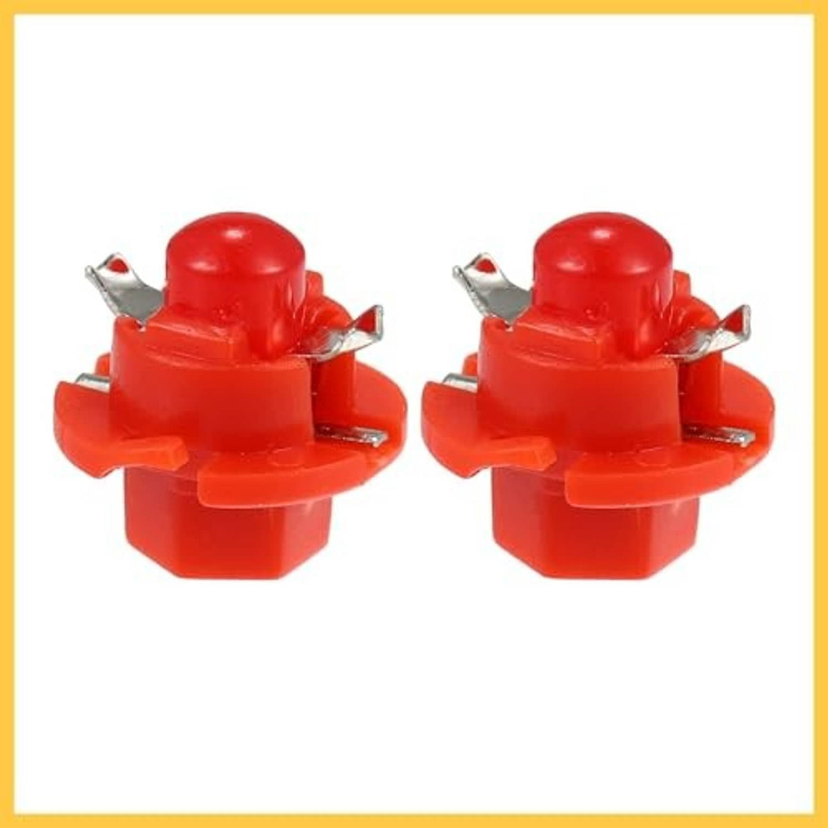 Two red B8.4D LED dashboard bulbs side-by-side with silver metal contact clips