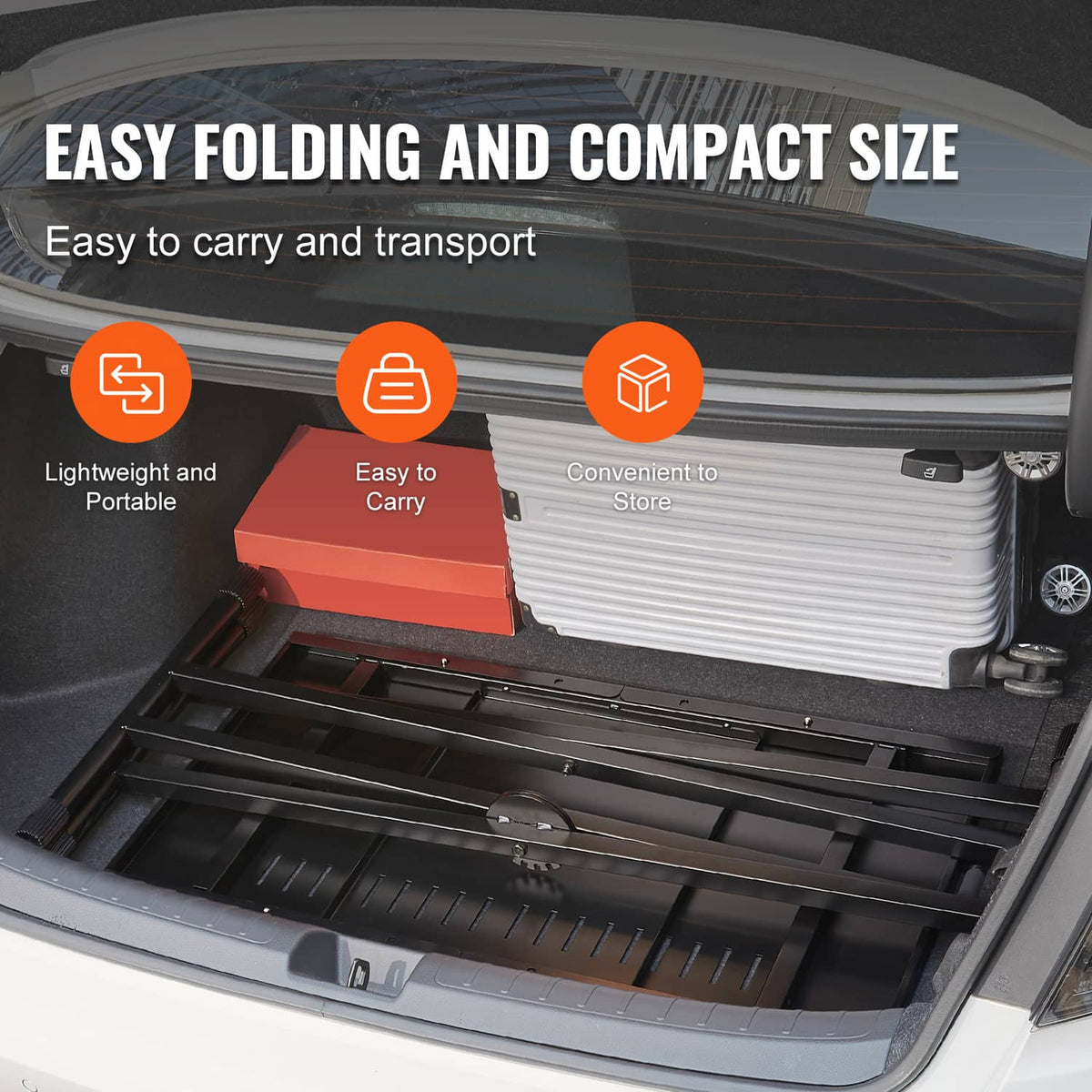 Folded portable DJ table stored in vehicle trunk, compact for transport