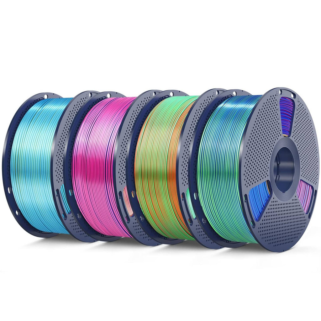 Triple-color silk PLA filament spools, rainbow reels in blue, pink, green
