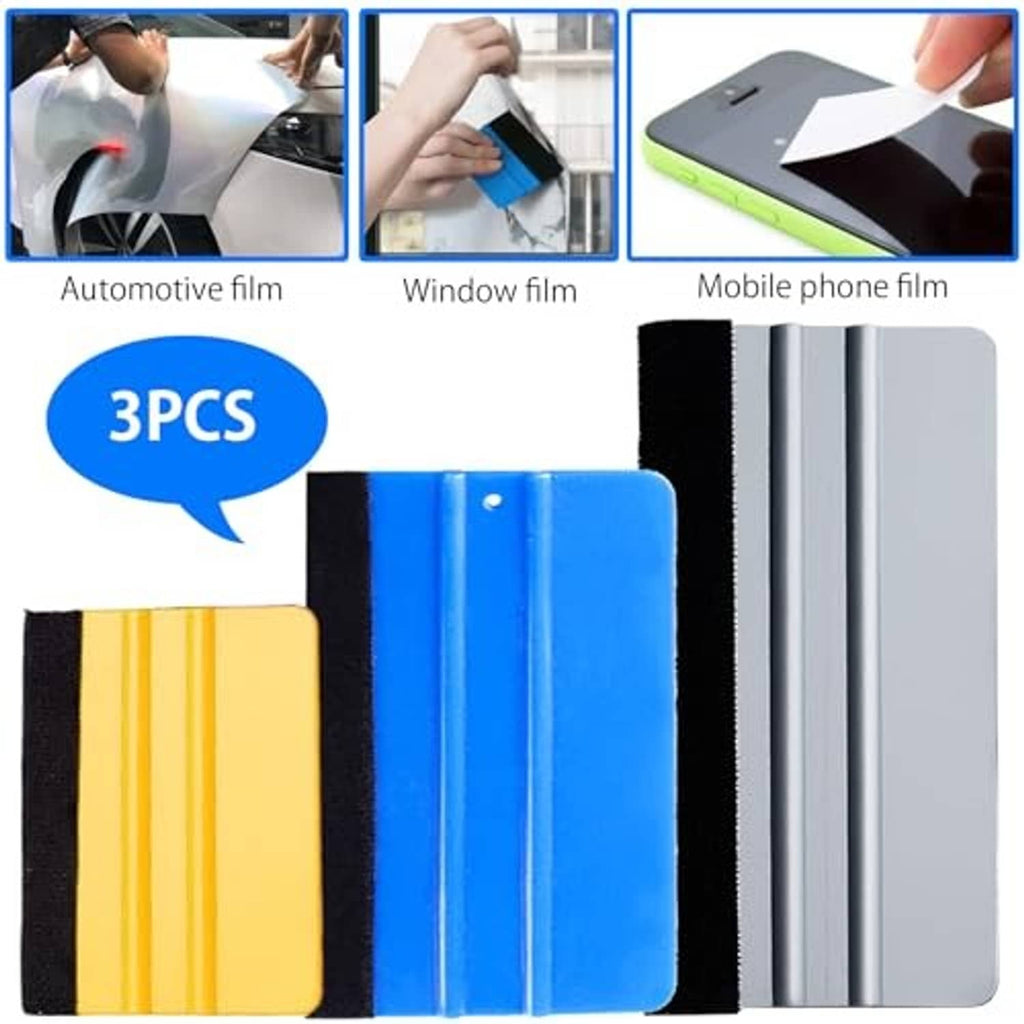 Vinyl wrap squeegee set with three felt-edged blades: yellow, blue, and light gray