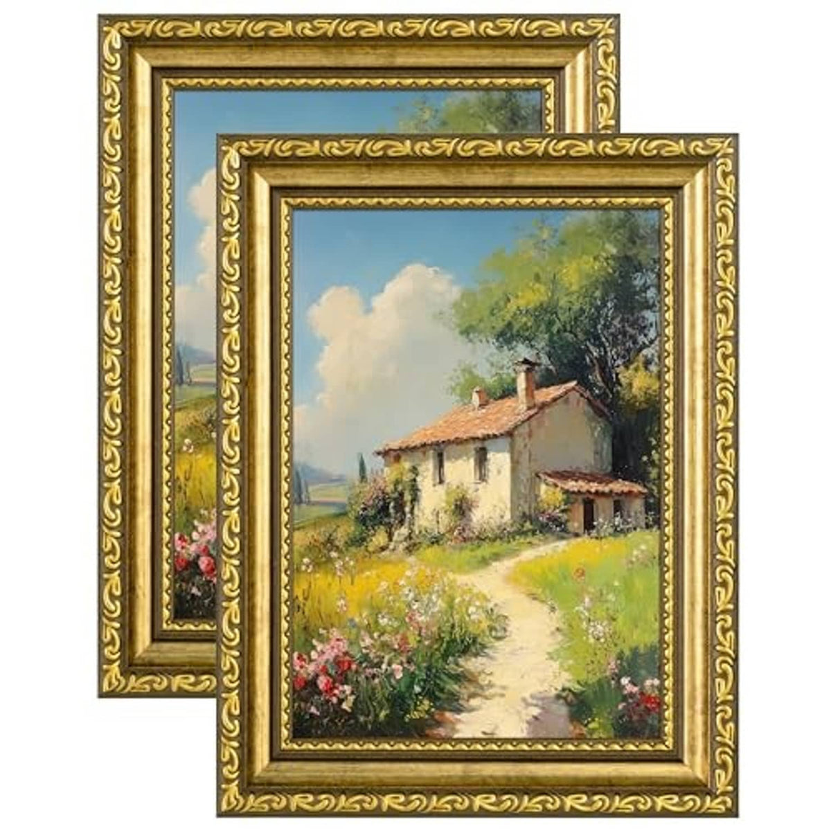 Gold ornate photo frame set of 2 with glass cover, featuring a countryside landscape