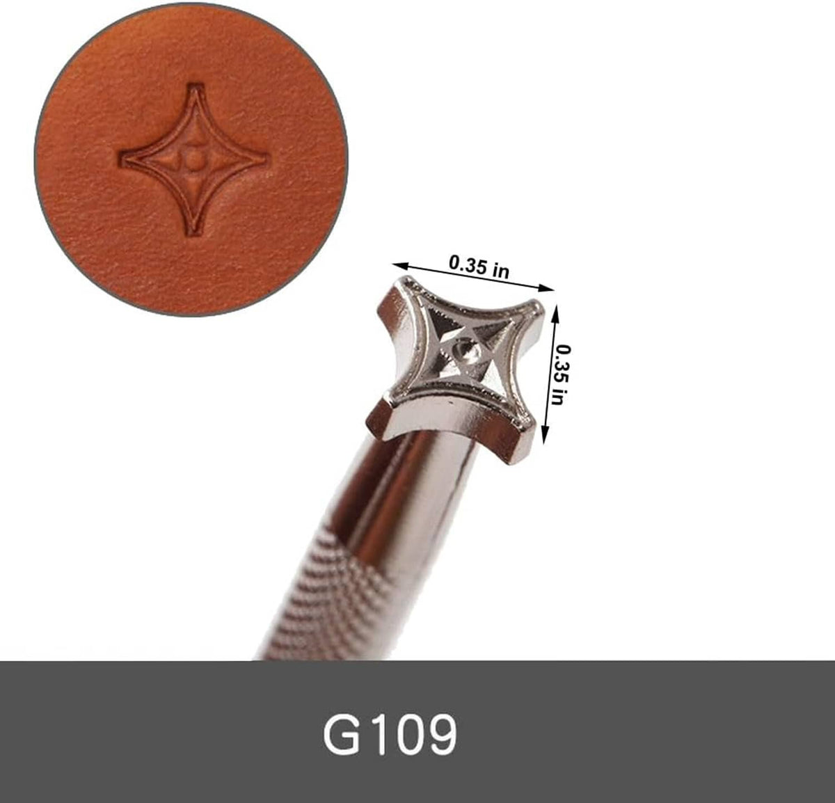 Leather stamp head with star motif on brown leather round swatch