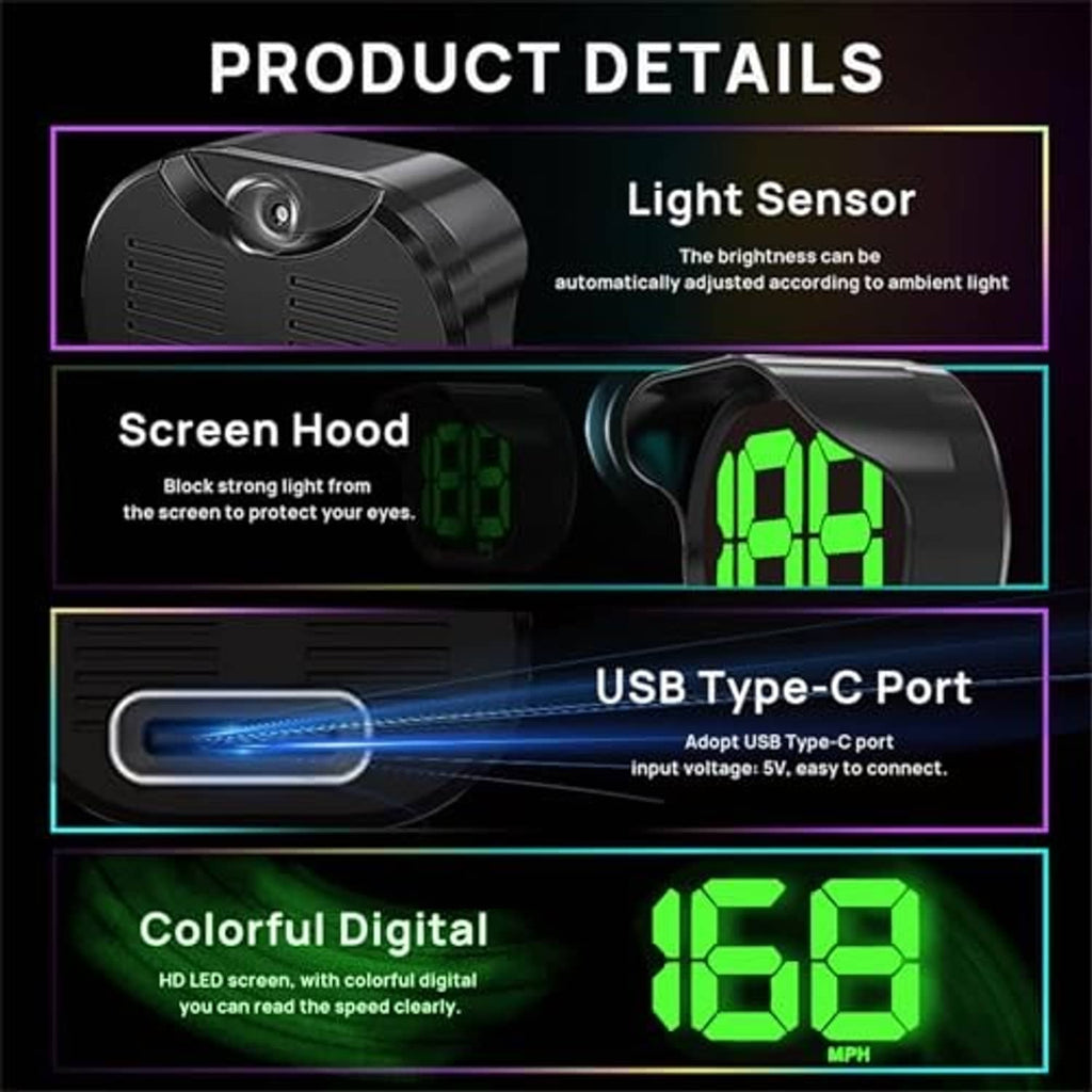 HUD speedometer details: light sensor, screen hood, USB Type-C port