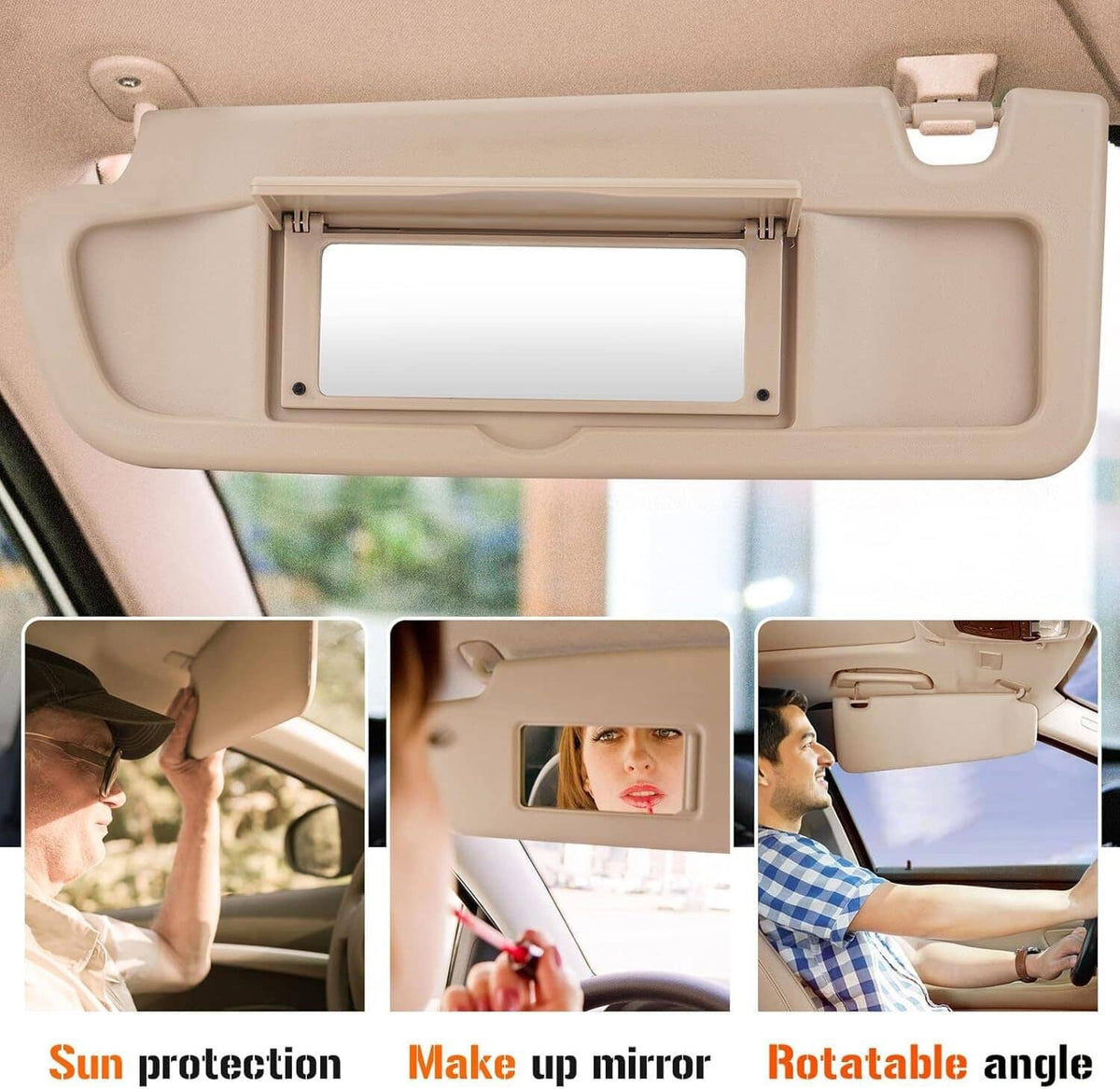 Beige sun visor with rectangular mount and vanity mirror opening