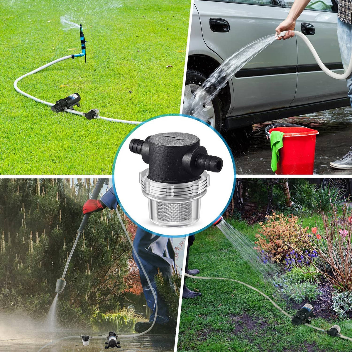 Inline water pump strainer filter with black cap, silver mesh screen, and hose barb ports