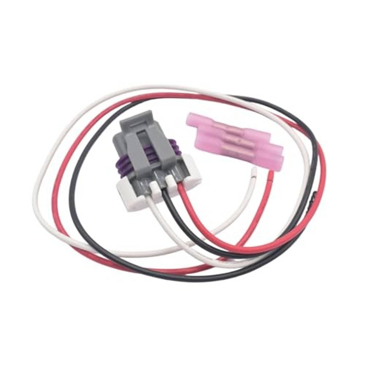 Coiled wiring harness with gray plug connector and red, black, and white leads