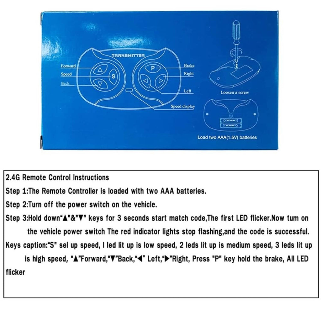 Blue remote control instruction box with transmitter diagram and speed display text