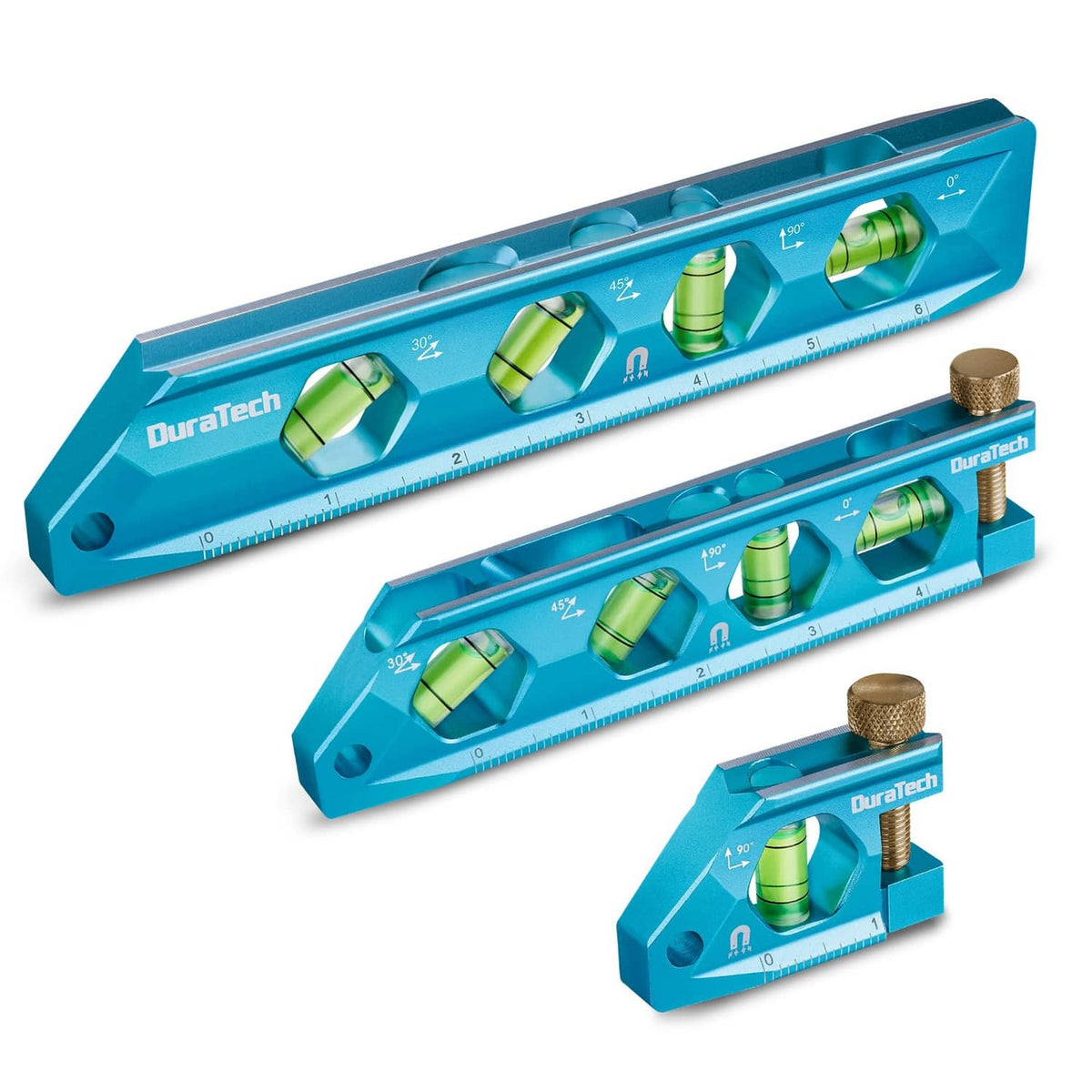 DURATECH 3-piece magnetic torpedo level set with three teal levels and vials