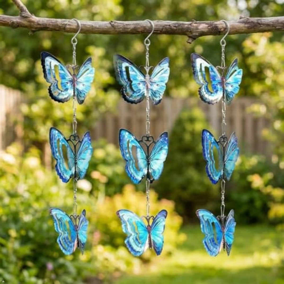 Blue butterfly metal hanging spinners with silver chains, multiple butterflies on hooks