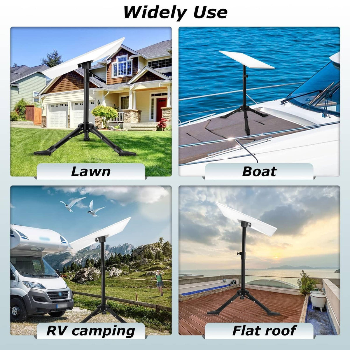 Tripod satellite dish mount with dish bracket on top and three stable folding legs.