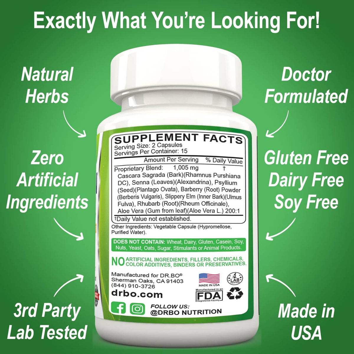 Dr.BO Colon Magic bottle back label with Supplement Facts and ingredient panel
