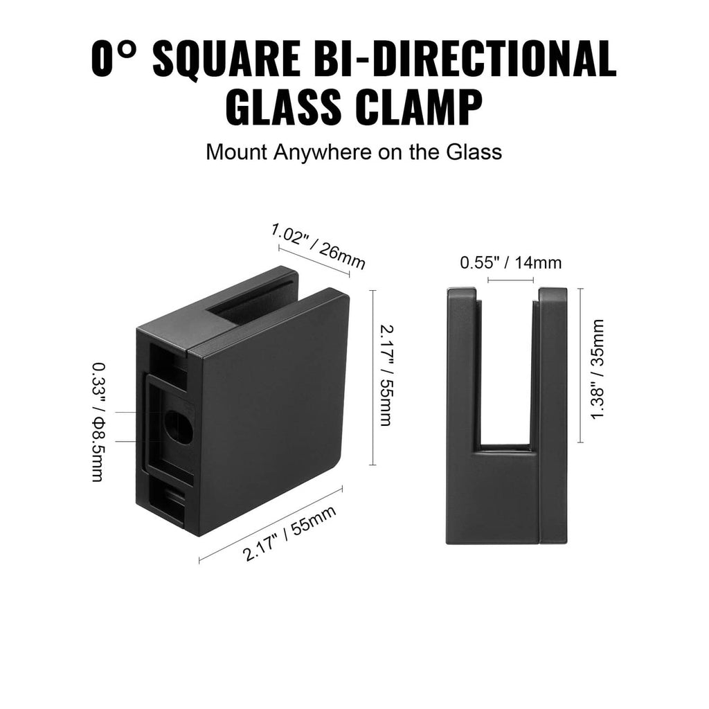 Black 90-degree square bi-directional glass clamp bracket with size markings