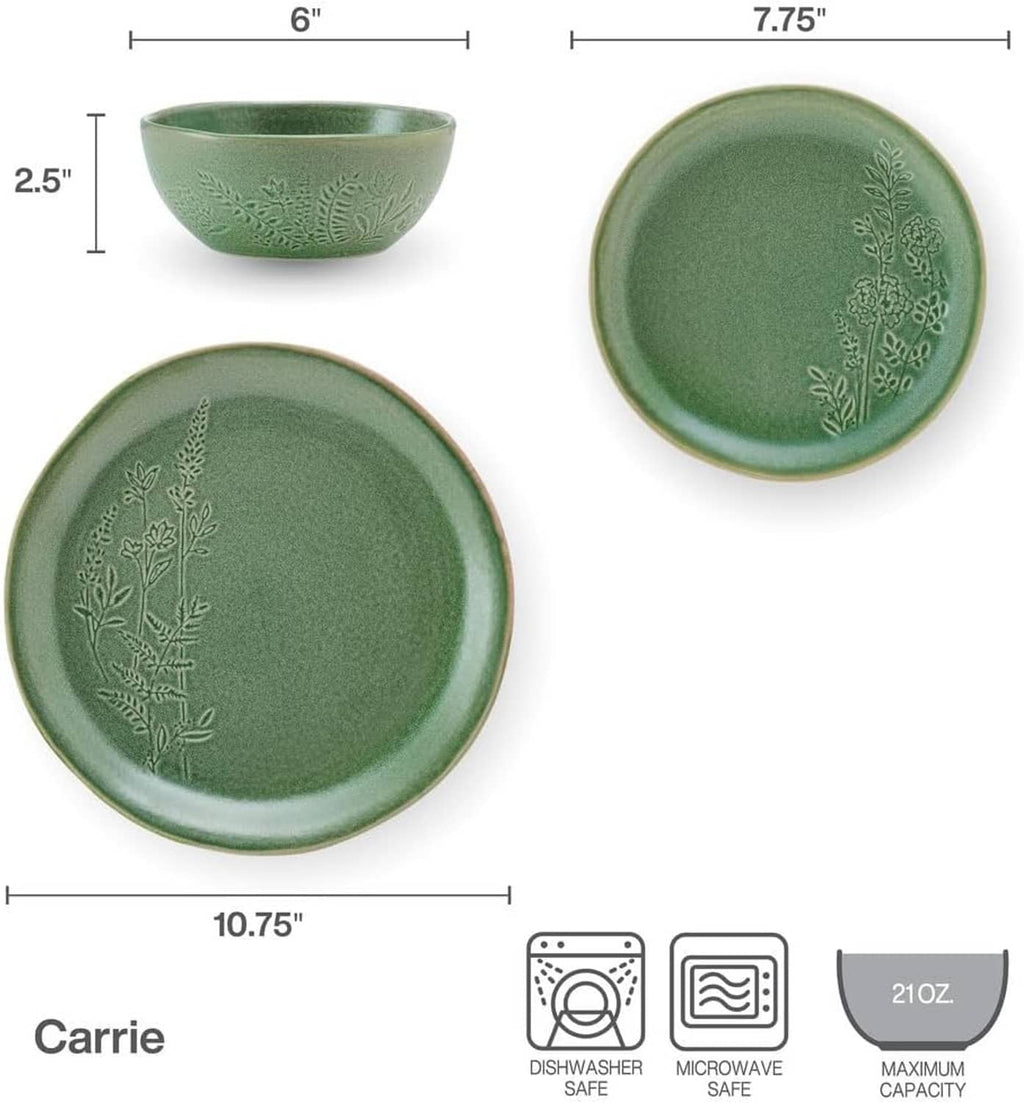 Green embossed dinner bowl and plate set, top and side views for size reference