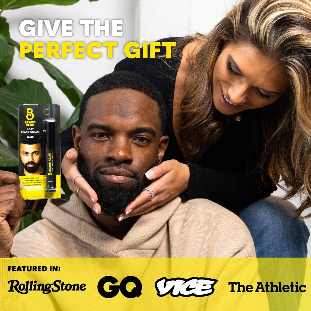 Temporary beard dye gift-style packaging held near a bearded face and smiling model