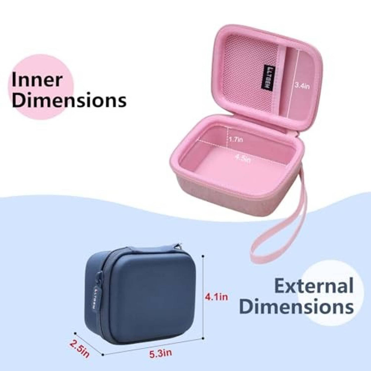 Pink portable speaker case with zip closure, open lid showing inner compartment.