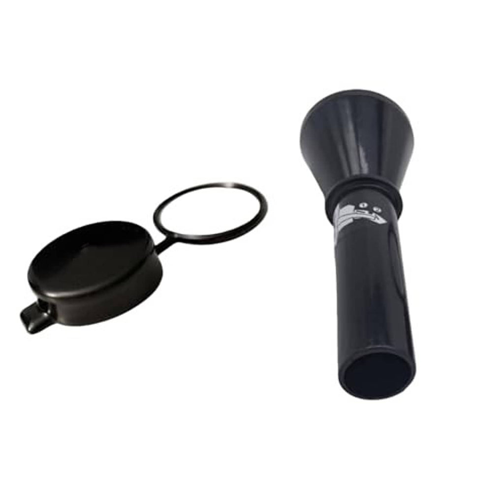 Capless fuel funnel with dark dust cap cover and tether loop for a gas opening