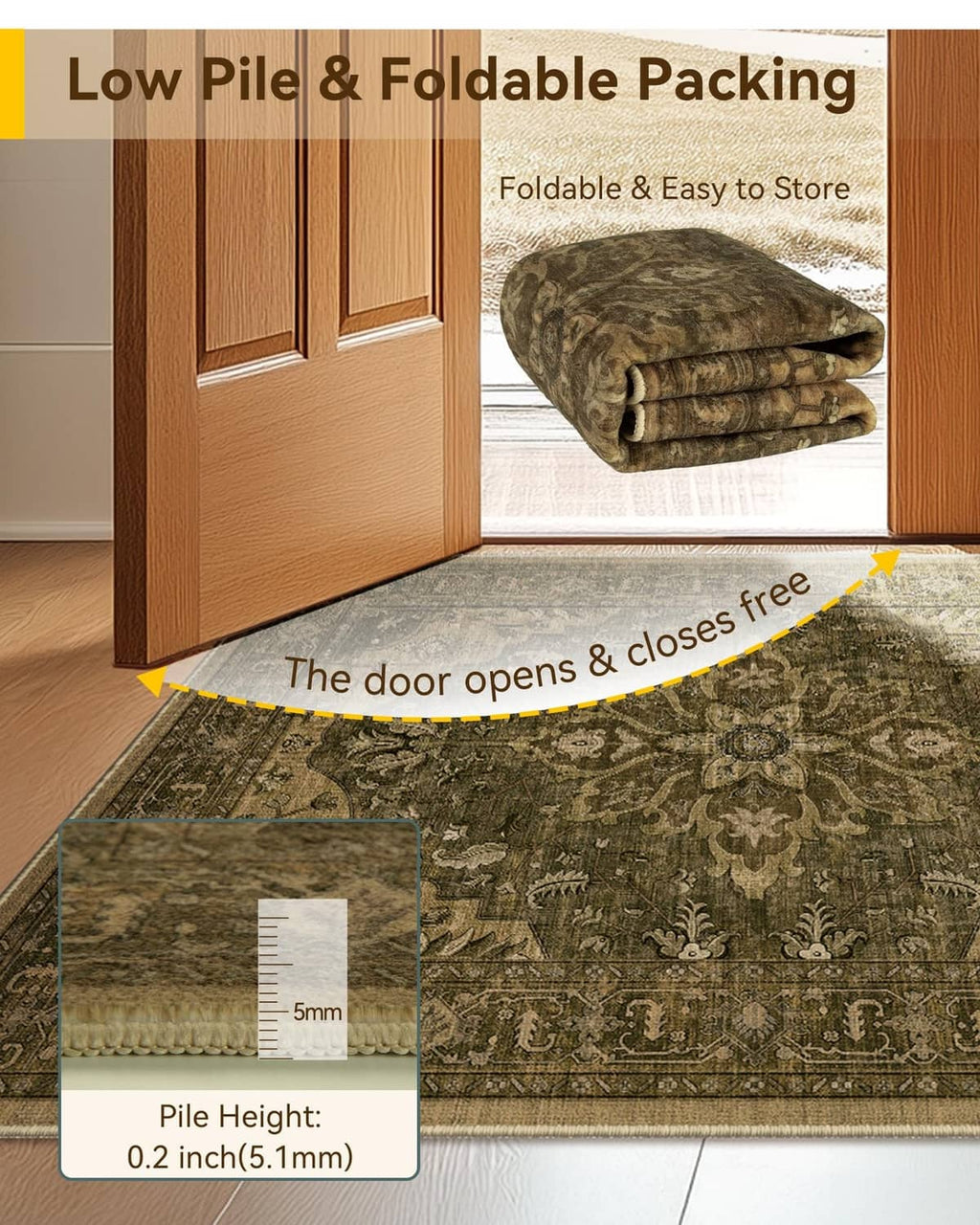 Foldable rectangular area rug with dark green ornate pattern, neatly stacked for storage