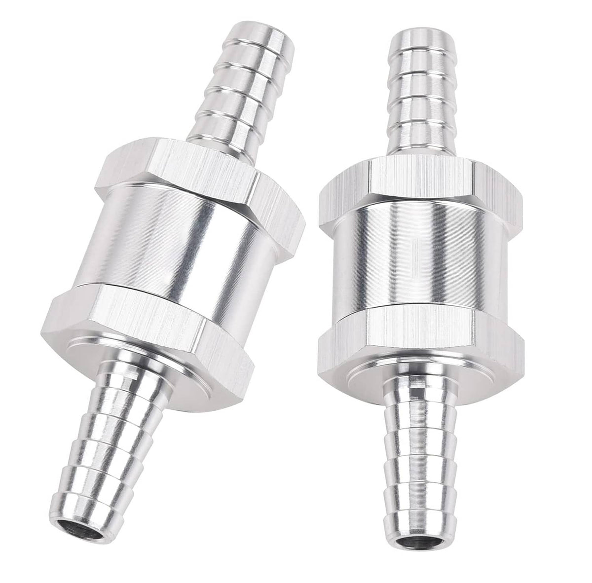 Pair of 8mm fuel line one-way check valves with barbed ends and hex metal fittings