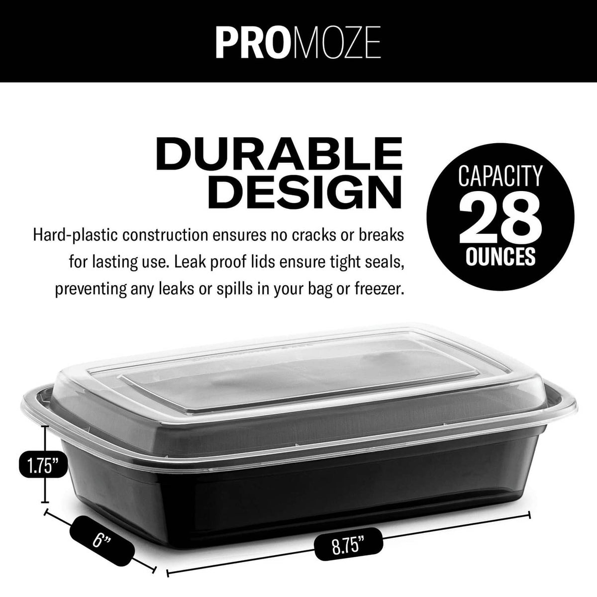 Black 28 oz meal prep food container with clear lid, shown with size indicators