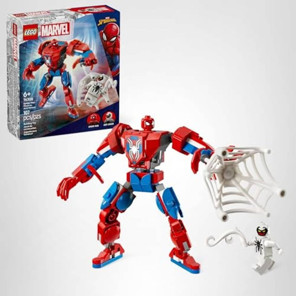 LEGO Marvel Spider-Man mech building set box with red-blue mech and white web hands