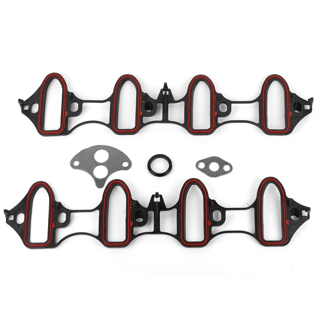 Intake manifold gasket set with red-trim gaskets, oval gray gasket, and O-ring