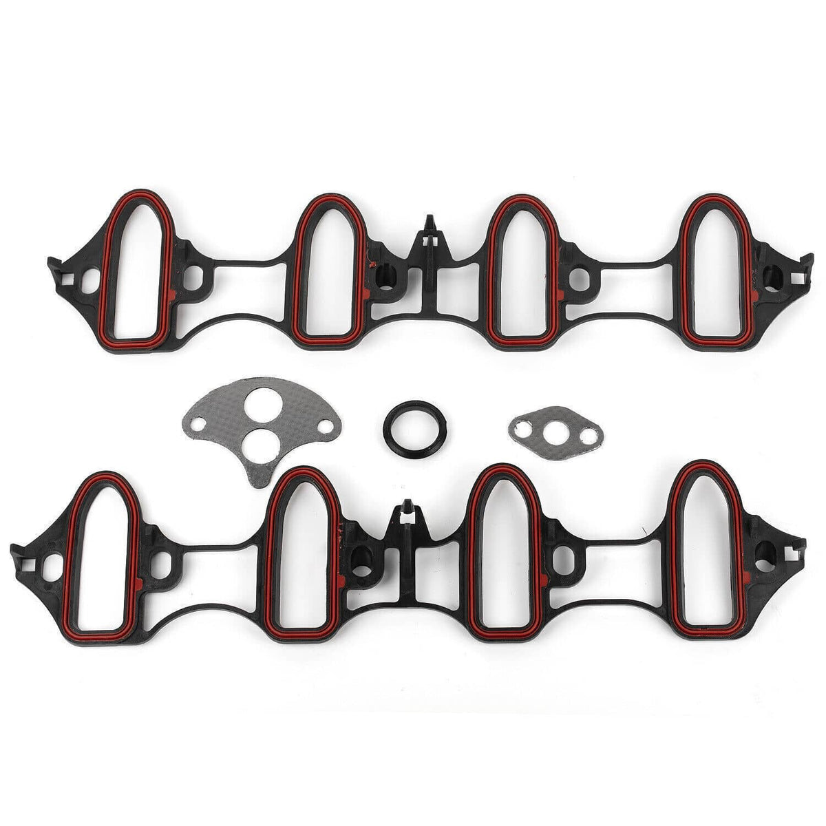 Intake manifold gasket set with red-trim gaskets, oval gray gasket, and O-ring
