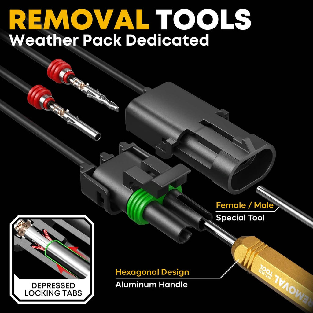 Weather pack removal tools with black housing, hex handle, and gold tool tip