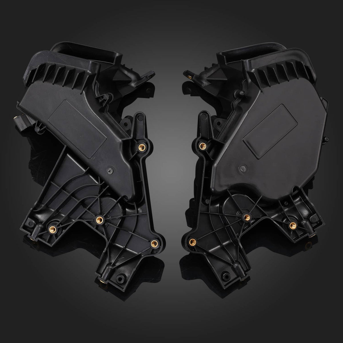 Motorcycle glove box storage set: two black compartments, top views with vents and hinges
