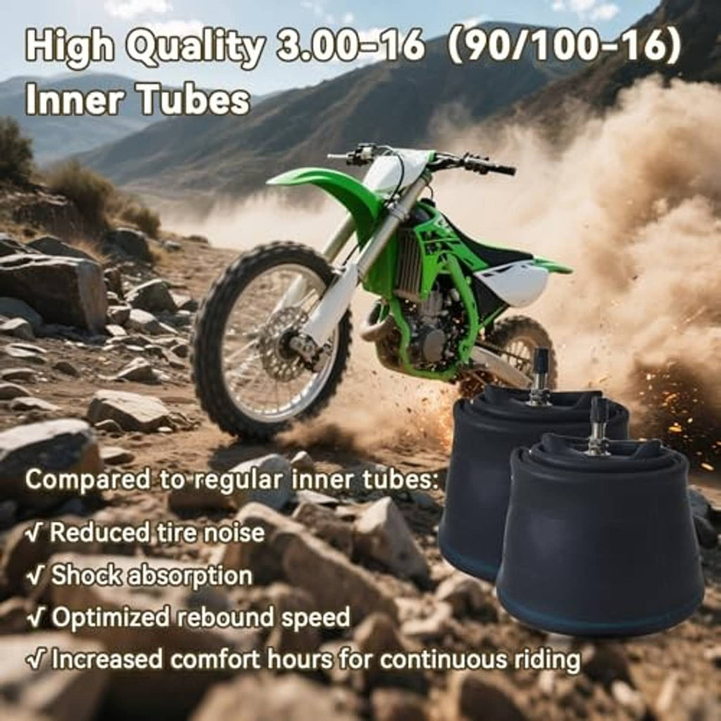 Two black 3.00-16 inner tubes with valve stems for dirt bike wheels