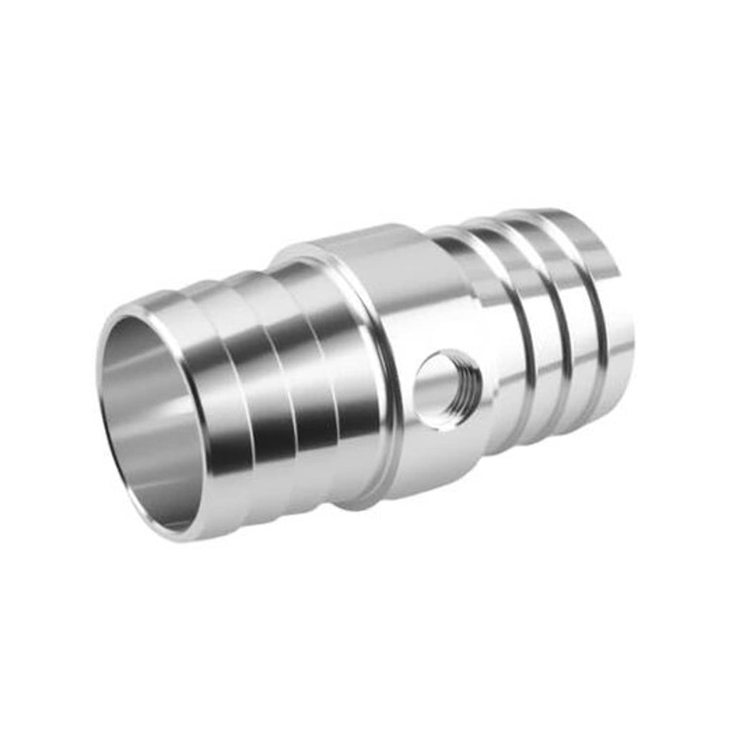 Aluminum radiator hose adapter with barbed ends and threaded 1/8 in NPT steam port