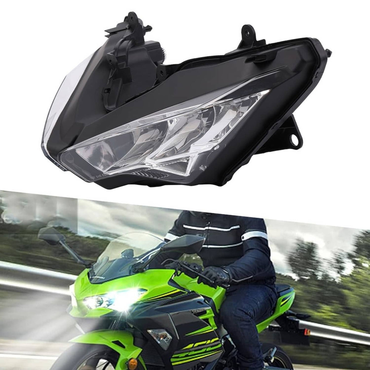 Motorcycle headlight assembly, single side view with clear lens and black housing