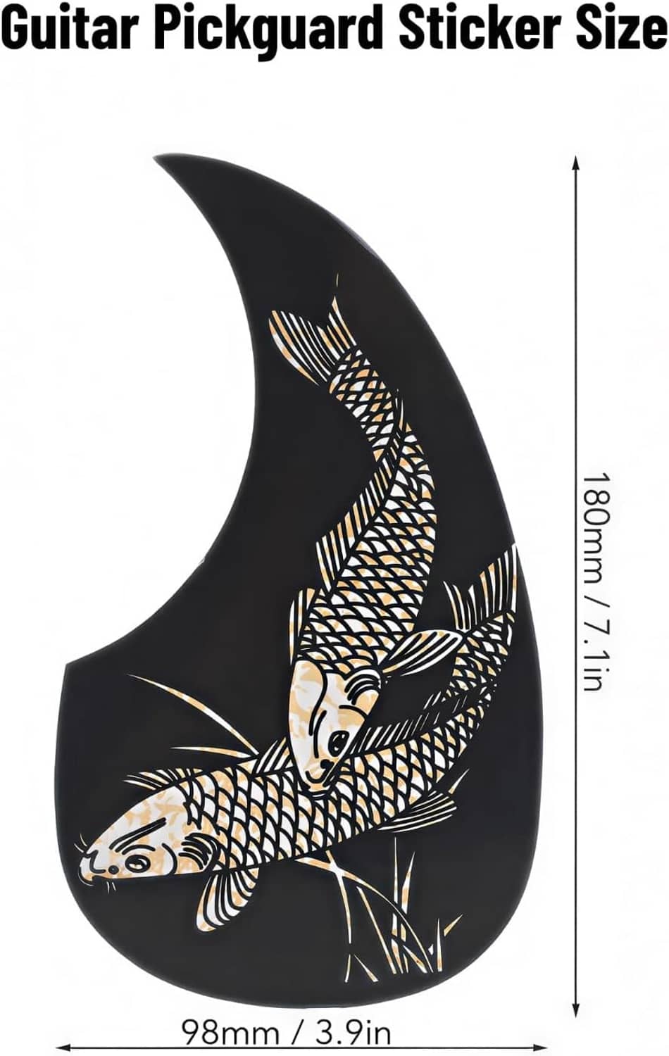 Black teardrop guitar pickguard sticker with gold fish and waterweed pattern
