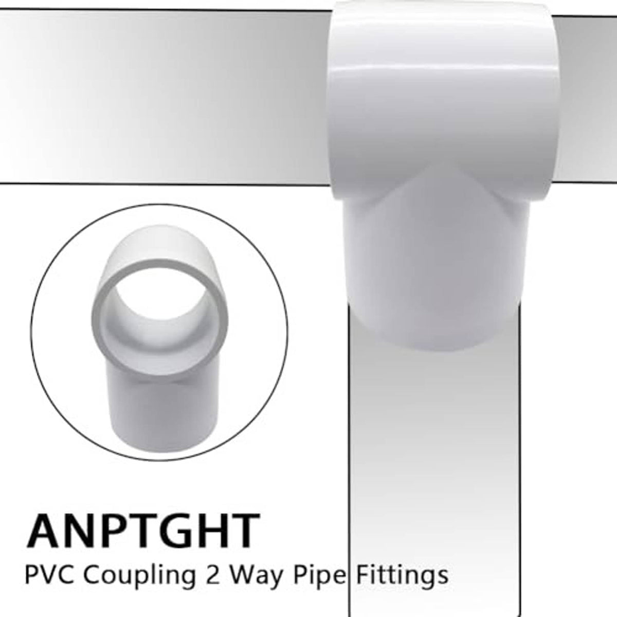 White PVC slip tee fitting connecting two pipe runs, three-way outlet